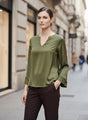 Women's European Satin V Neck Long Sleeve Top