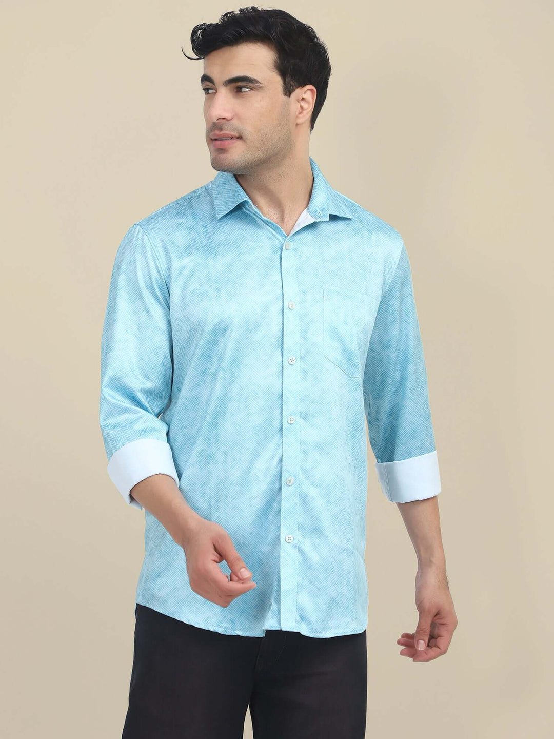 Men'S Poly Satin Lycra Sky Blue Digital Printed Shirt