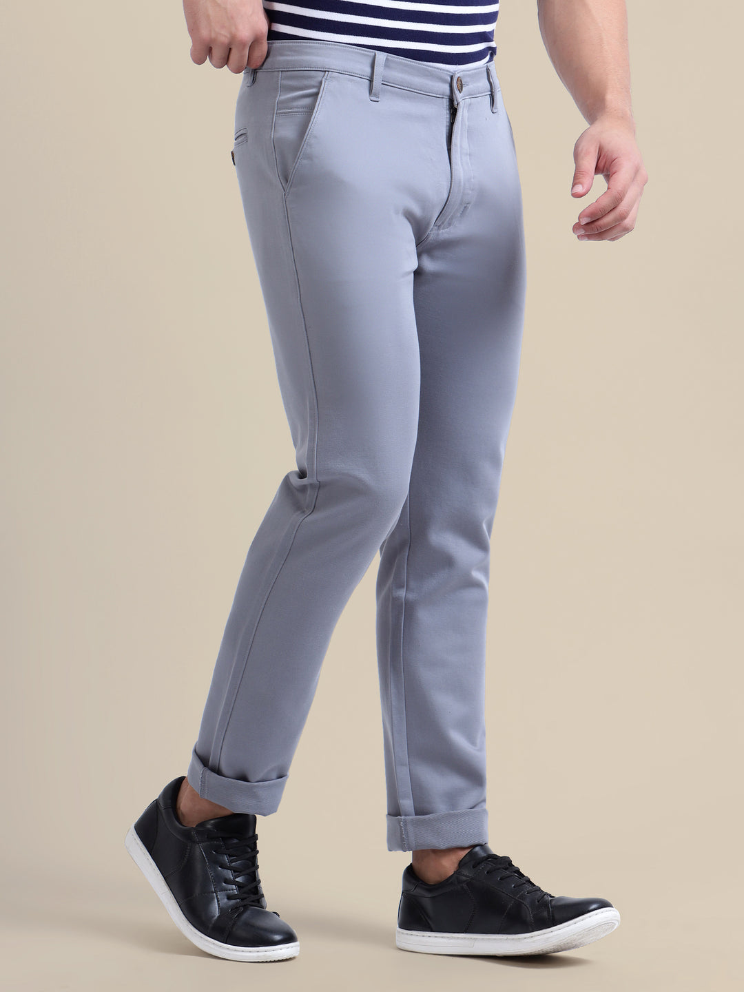 Light Blue Casual Trousers Solid Cotton Lycra Smart Fit