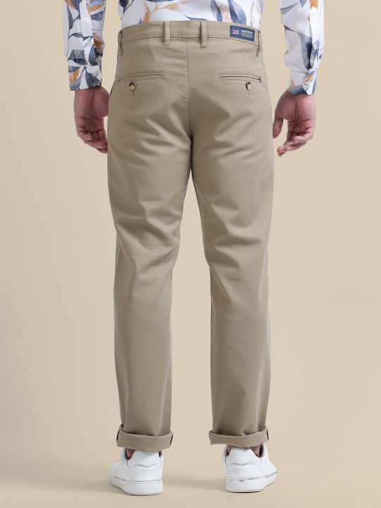 Khaki Casual Trousers Solid Cotton Lycra Smart Fit