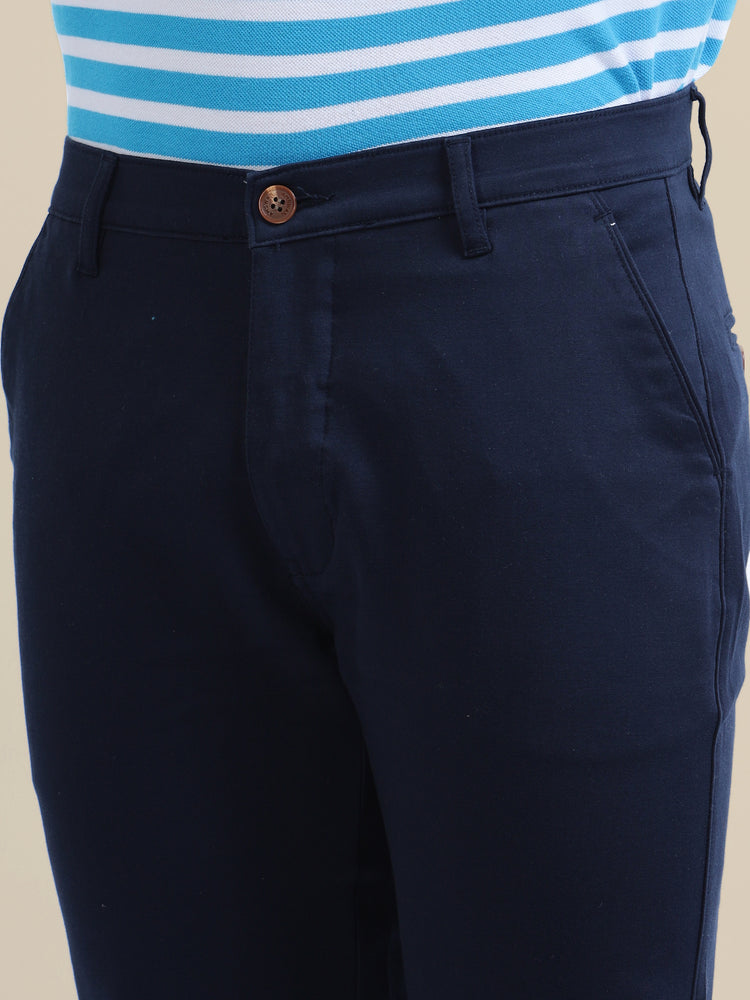 Navy Casual Trousers Solid Cotton Lycra Smart Fit
