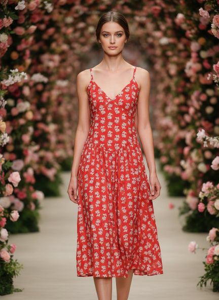 Rayon Printed Fit & Flare V Neck Shoulder Strap Maxi Dress