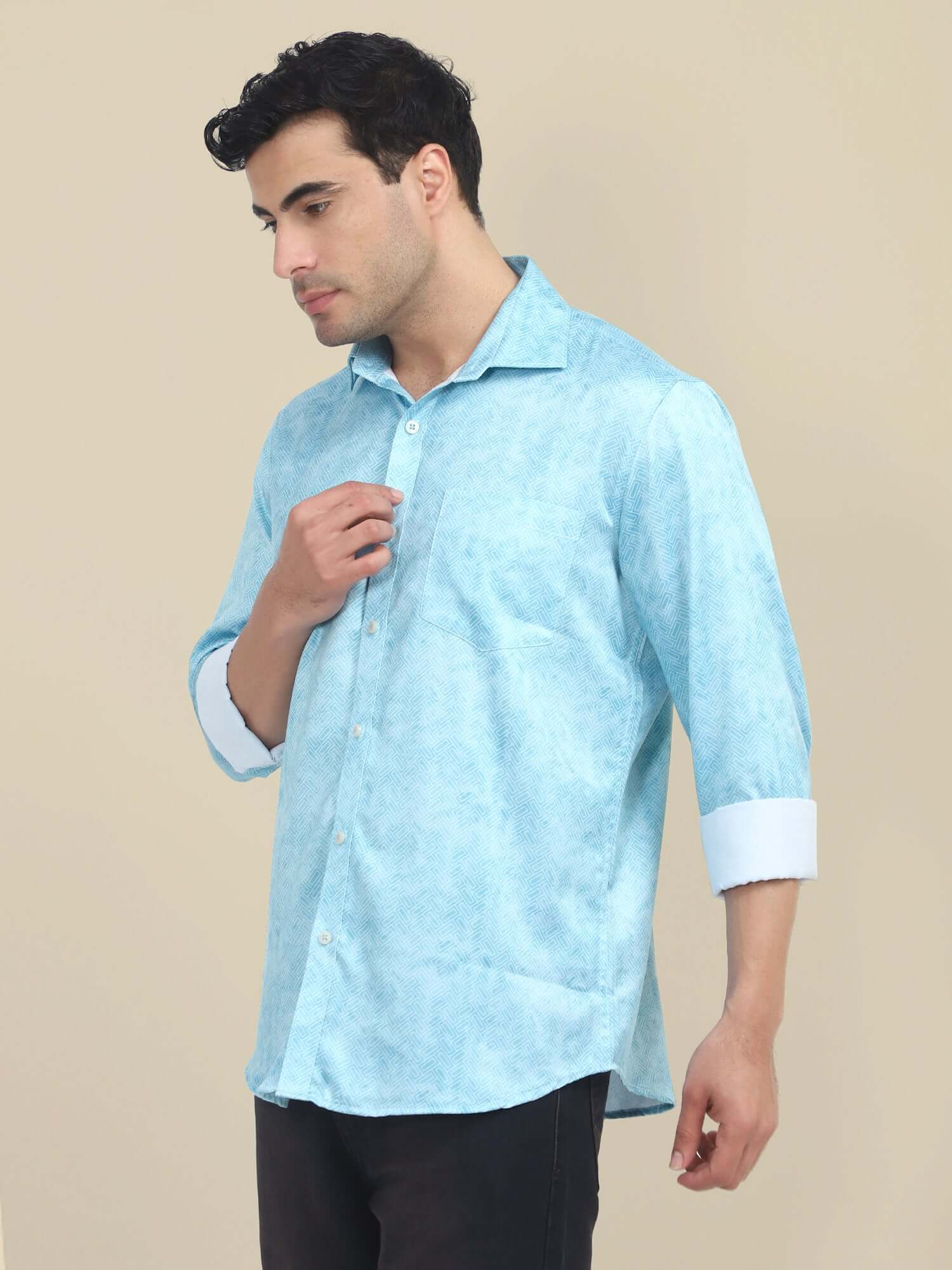 Men'S Poly Satin Lycra Sky Blue Digital Printed Shirt
