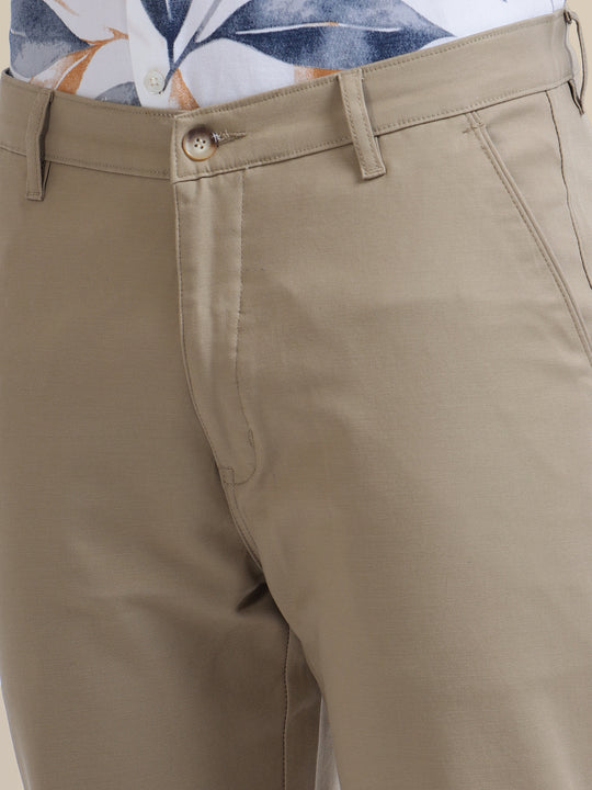 Khaki Casual Trousers Solid Cotton Lycra Smart Fit