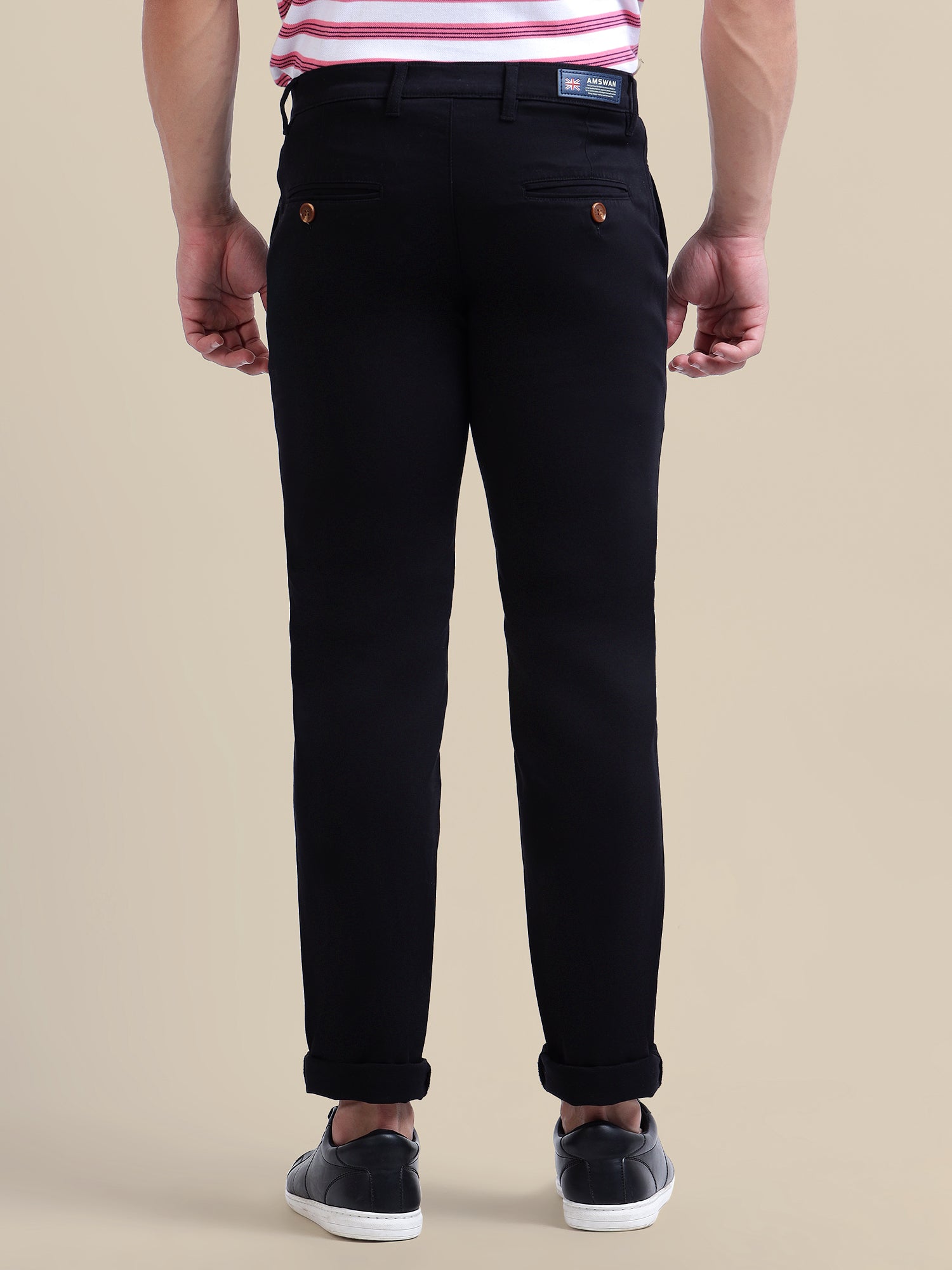 Navy Casual Trousers Solid Cotton Lycra, Smart Fit
