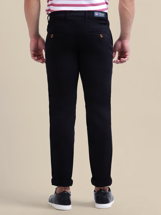 Navy Casual Trousers Solid Cotton Lycra, Smart Fit