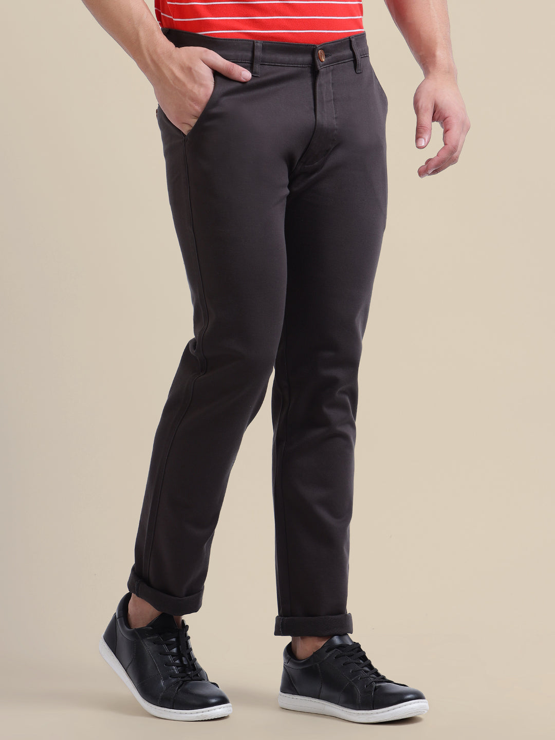 Black Casual Trousers Solid Cotton Lycra Smart Fit