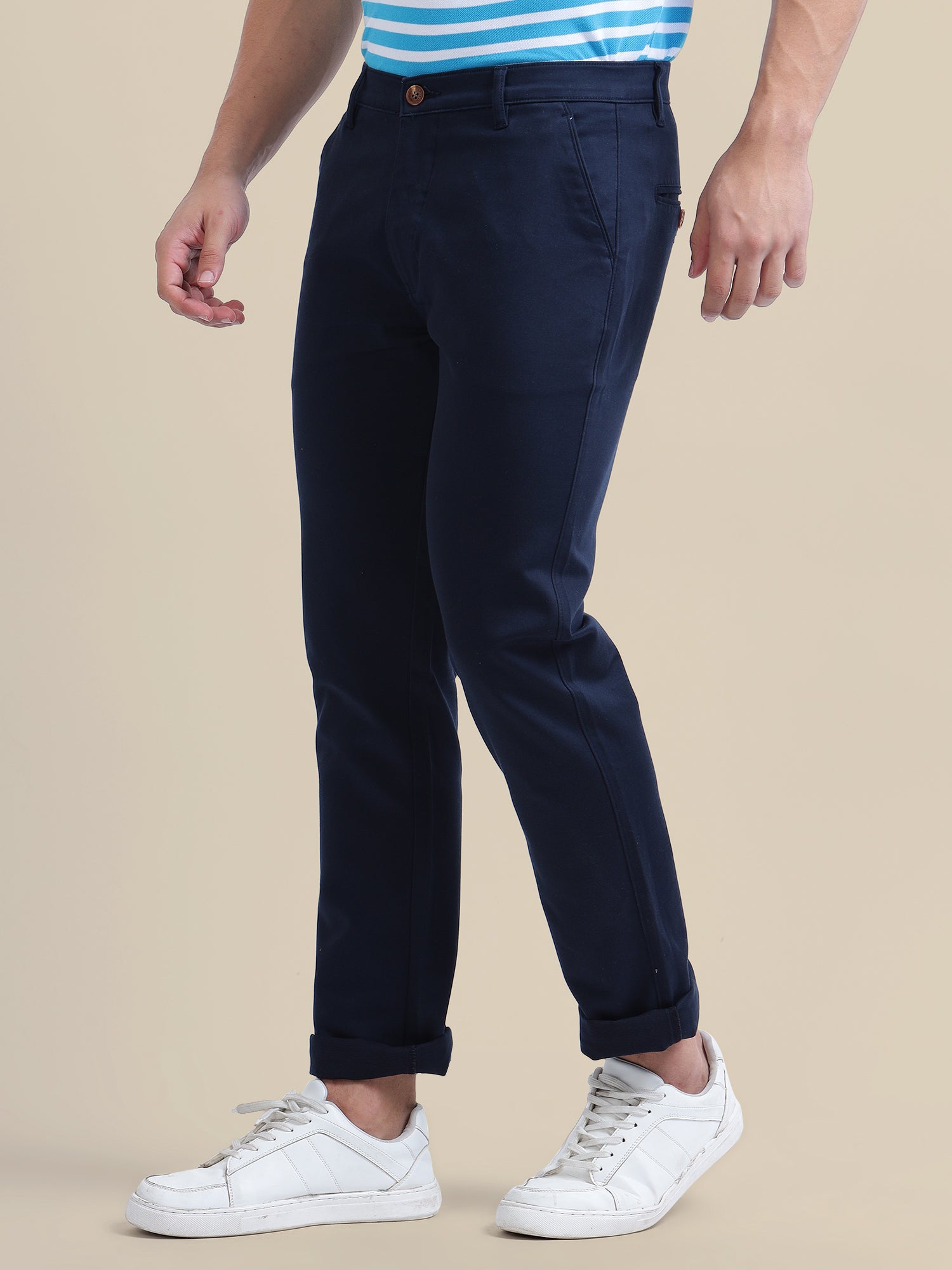 Navy Casual Trousers Solid Cotton Lycra Smart Fit