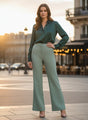 Banana Crepe Sage Green Flared Trouser With Slash Pocket