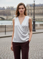 European Satin V Neck Pleated Sleeveless Top