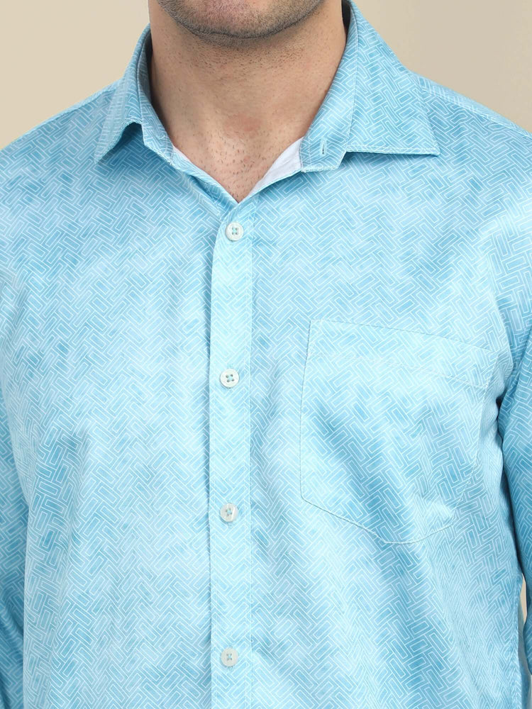 Men'S Poly Satin Lycra Sky Blue Digital Printed Shirt