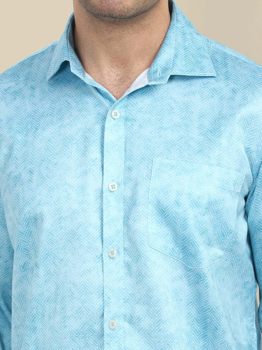 Men'S Poly Satin Lycra Sky Blue Digital Printed Shirt