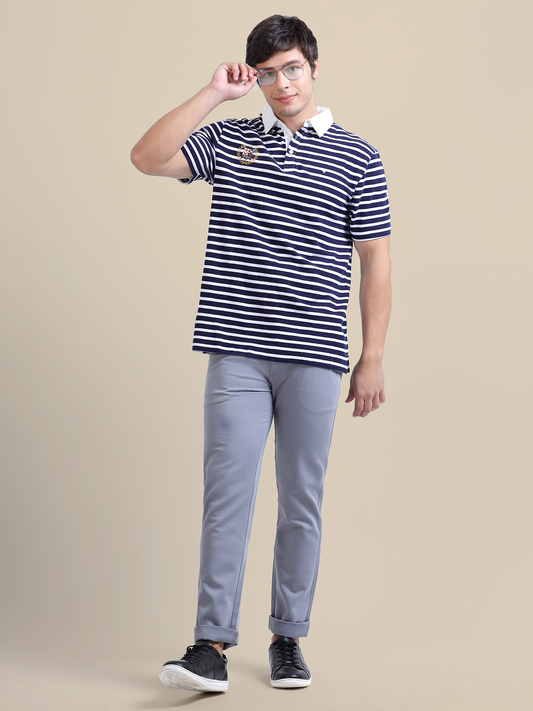 Light Blue Casual Trousers Solid Cotton Lycra Smart Fit