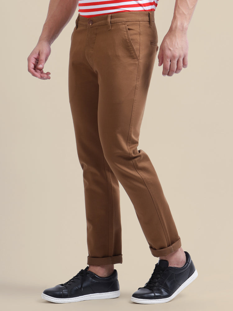 Brown Casual Trousers Solid Cotton Lycra, Smart Fit