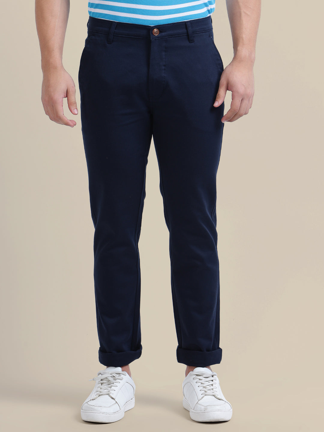 Navy Casual Trousers Solid Cotton Lycra Smart Fit