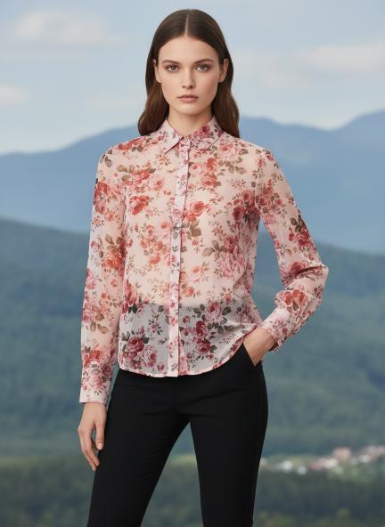 Premium Organza Pink And Green Long Length Curved Hem Digital Print Shirt