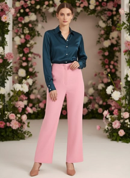 Banana Crepe Rose Pink Flared Trouser With Slash Pocket