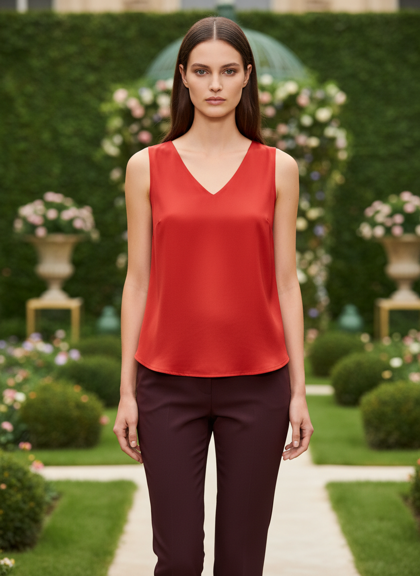 European Satin V Neck Sleeveless Top