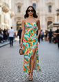 Satin Digital Print  Maxi Dress With Slash Pocket