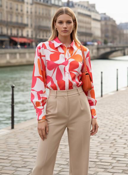 Satin Digital Print Puff Sleeve Shirt