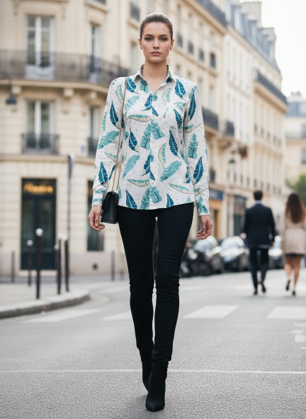 Women'S Rayon Shirt With Classic White & Green Tropical Print
