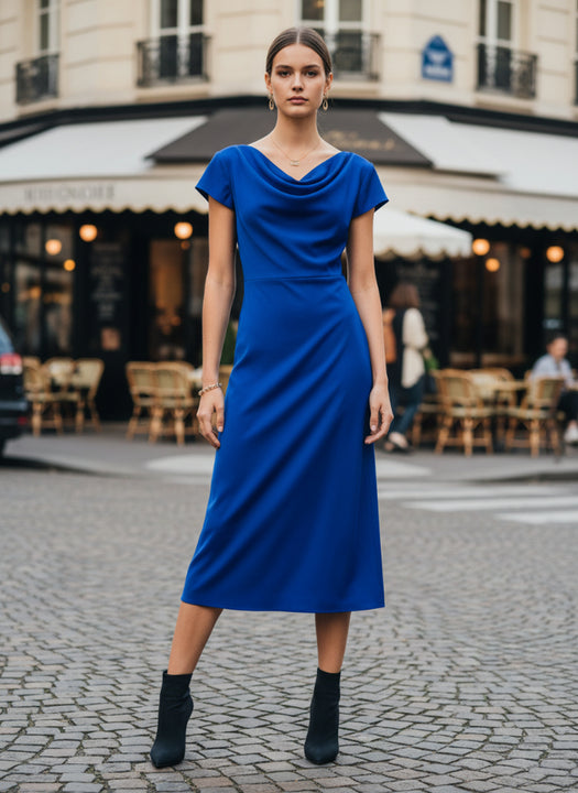European Satin Royal Blue Midi Dress