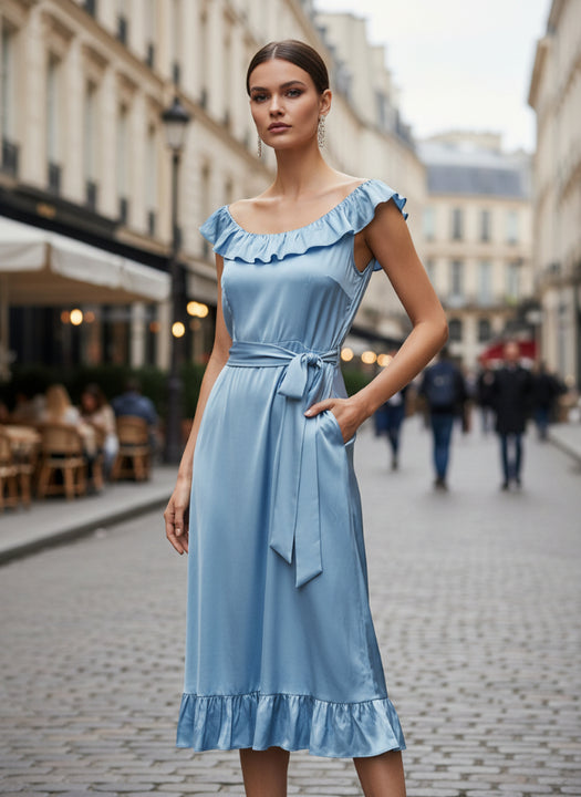 European Satin Ice Blue Mist Midi Dress
