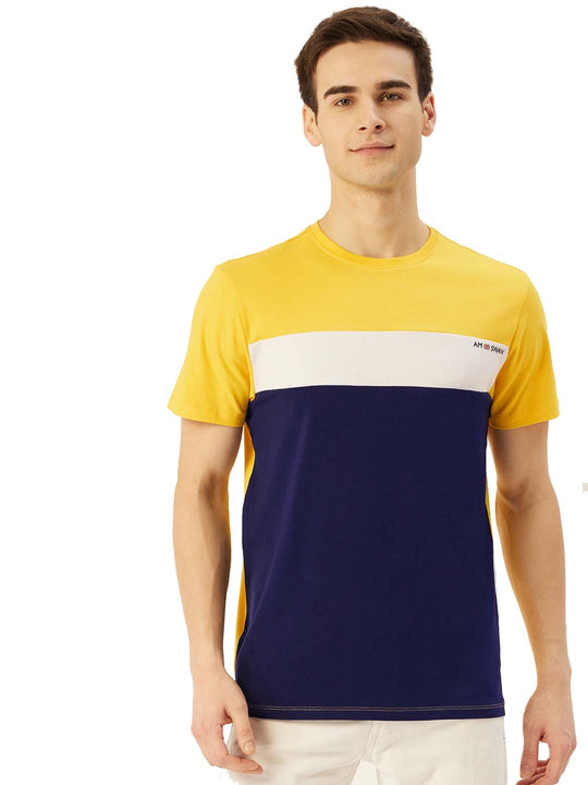 MENS COTTON RICH LYCRA COLOURBLOCK PRINTED HALF SLEEVE CREW NECK T-SHIRTS