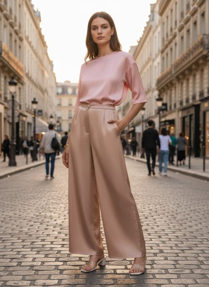 Satin Wide Leg Pants European Fabric  Peachy Pink Glam Look