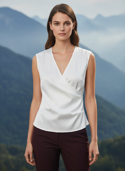 European Satin V Neck Pleated Sleeveless Top