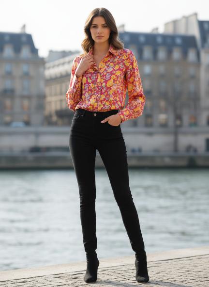 Satin Digital Print Puff Sleeve Shirt