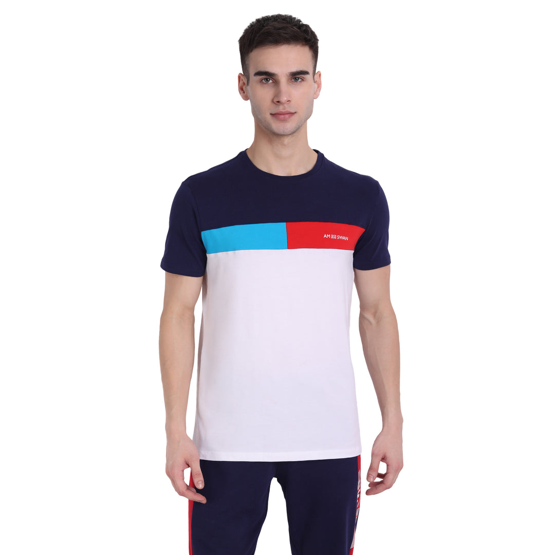 MENS PREMIUM COTTON LYCRA COLOURBLOCK PRINTED HALF SLEEVE CREW NECK T-SHIRTS