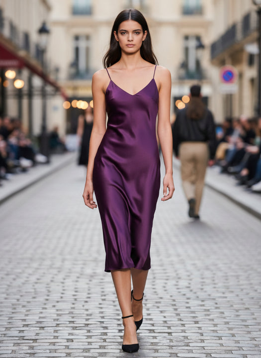 Satin Midi Dress Deep Plum Spaghetti Strap