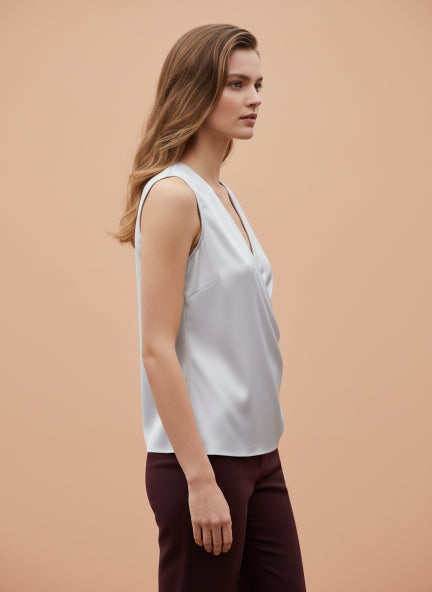 European Satin V Neck Pleated Sleeveless Top