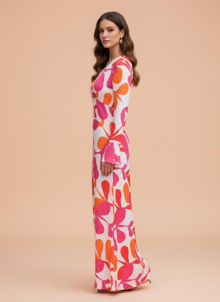 Satin Digital Print  Maxi Dress With Slash Pocket