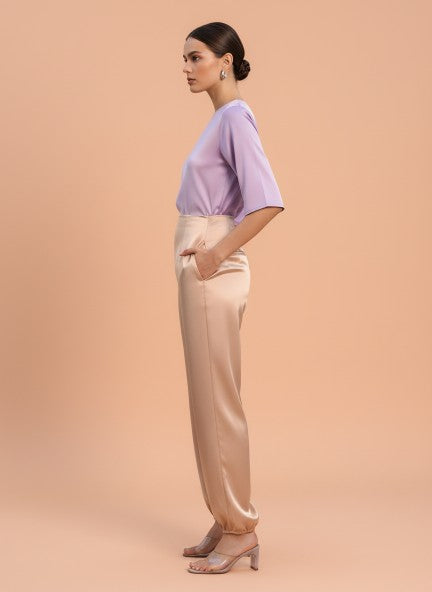 Satin Wide Leg Pants European Fabric  Light Beige Glam Look