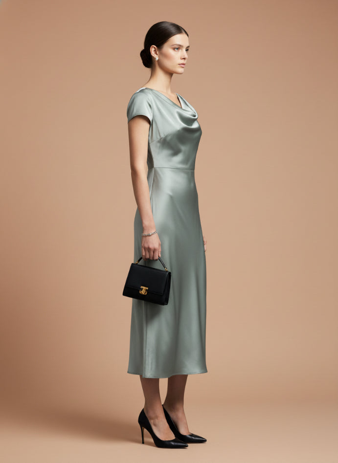 European Satin Grey Midi Dress