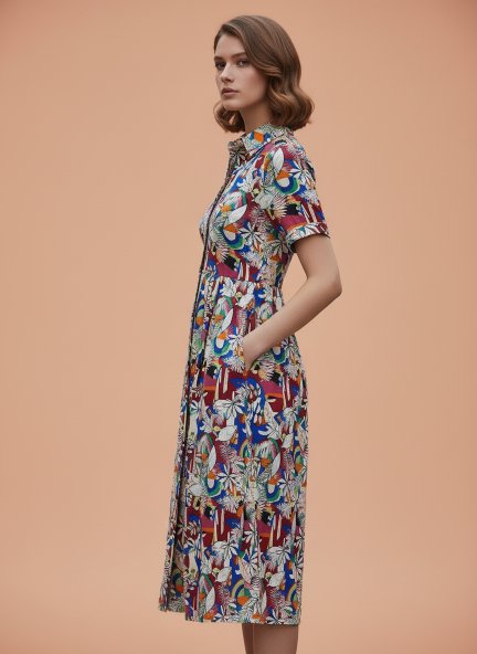 Rayon Printed Puff Sleeve A Line Shirt Dress