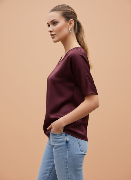 European Satin-Finish, V-Neck Top