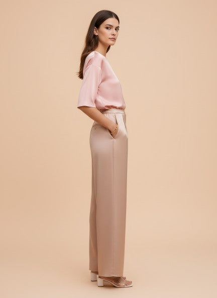 Satin Wide Leg Pants European Fabric  Peachy Pink Glam Look