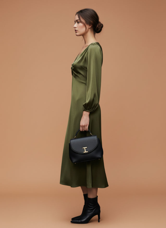 European Satin Midi Dress Olive