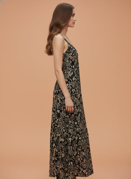 Rayon Printed V Neck Shoulder Strap Maxi Dress