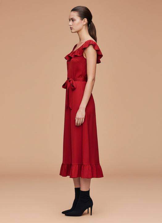 Women’s Luxury European Satin Crimson Red Midi Dress