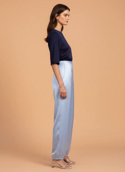Satin Wide Leg Pants European Fabric  Ice Blue Glam Look