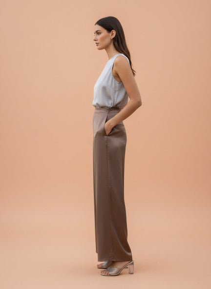 Satin Wide Leg Pants European Fabric  Mocha Pearl Glam Look