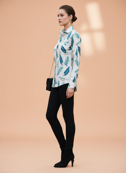 Women'S Rayon Shirt With Classic White & Green Tropical Print
