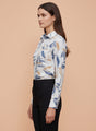 Premium Rayon Shirt With Blue And Orange Leaf Print