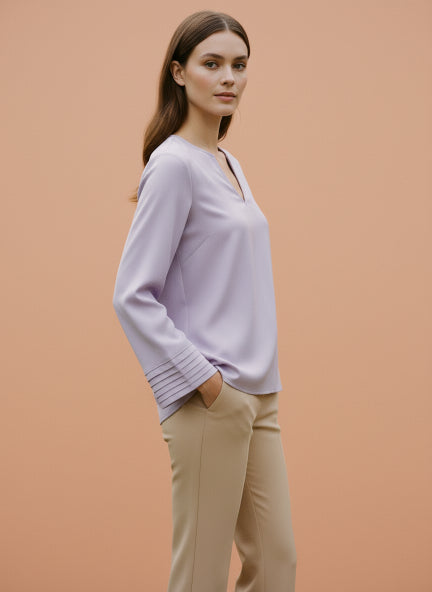 European Satin V Neck Long Sleeve Top