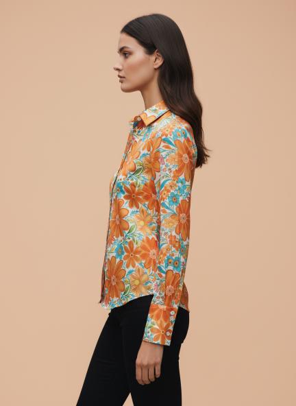 Satin Digital Print Puff Sleeve Shirt