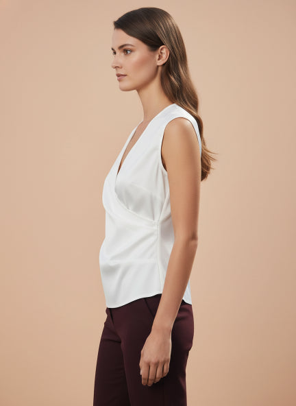 European Satin V Neck Pleated Sleeveless Top